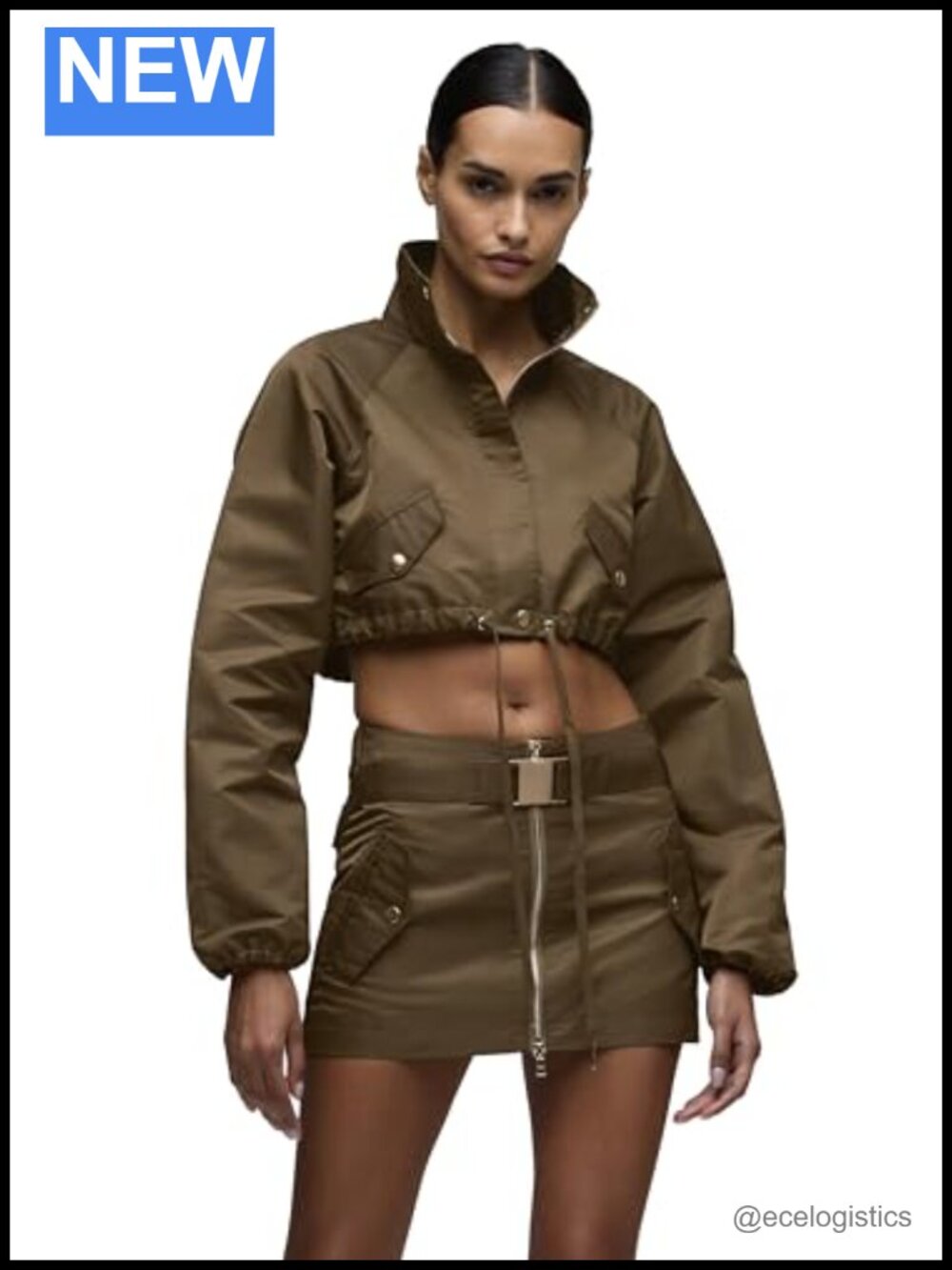 Cropped Nylon Jacket Funnel Collar Zip Front Women